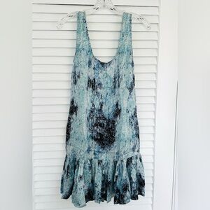 Lorick 100% silk sleeveless dress with unique aqua, navy blue pattern